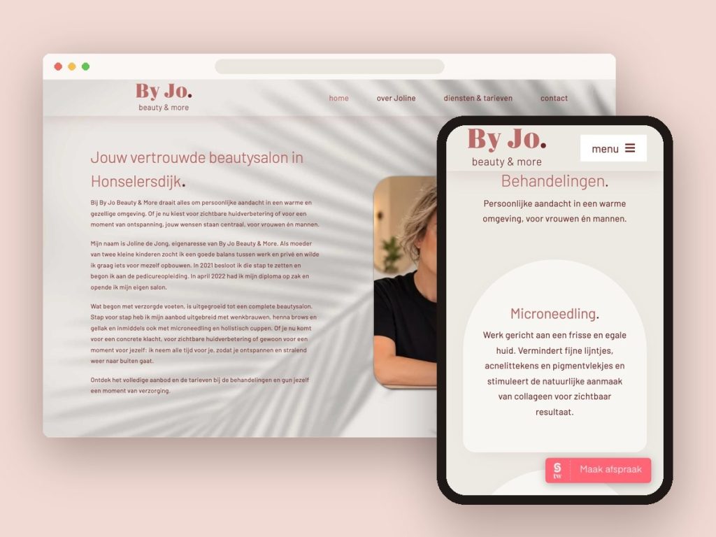 Website van By Jo Beauty & More: de homepage op een groot scherm en de behandelingen op de telefoon