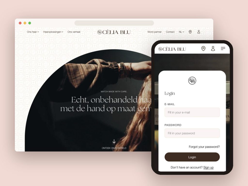 Homepage van de website van Cèlia Blu op een groot scherm en op de telefoon