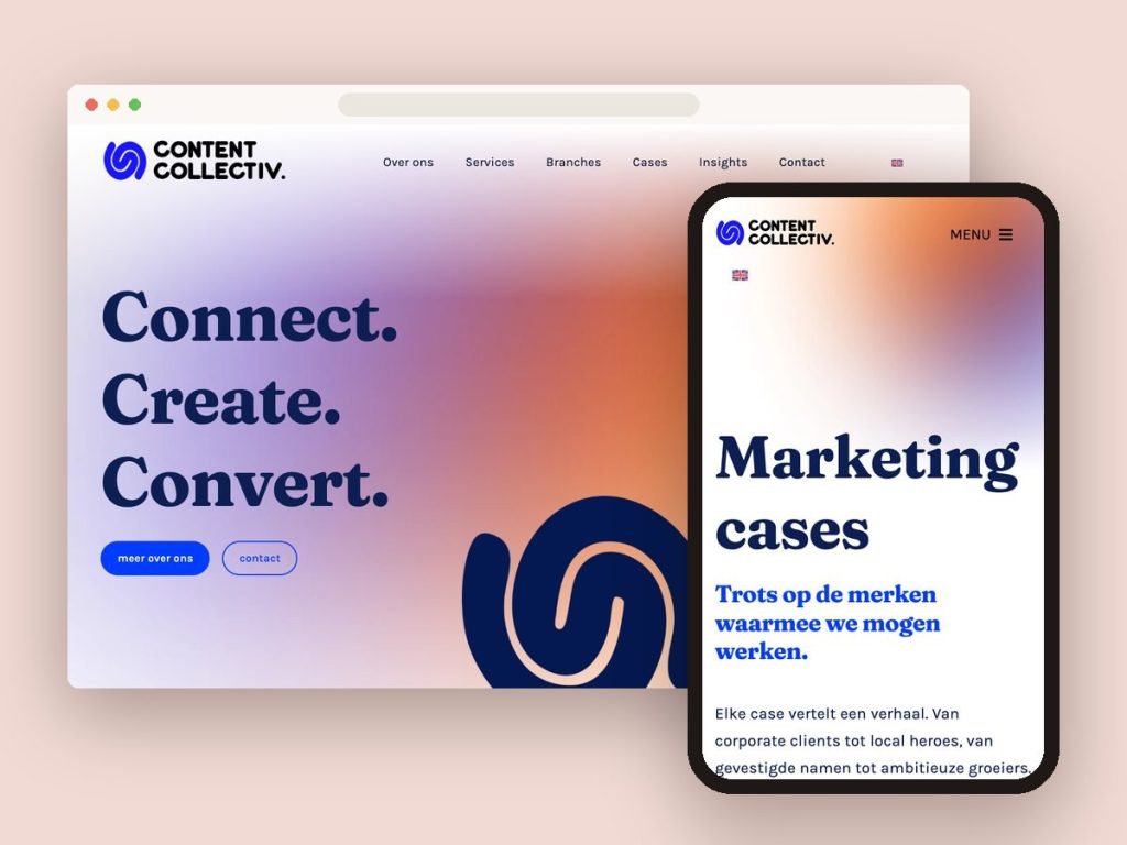 Website van Content Collectiv: de homepage op een groot scherm en de pagina met marketingcases op de telefoon