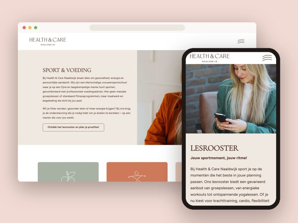 Website van Health & Care Naaldwijk: de homepage op een groot scherm en het lesrooster op de telefoon