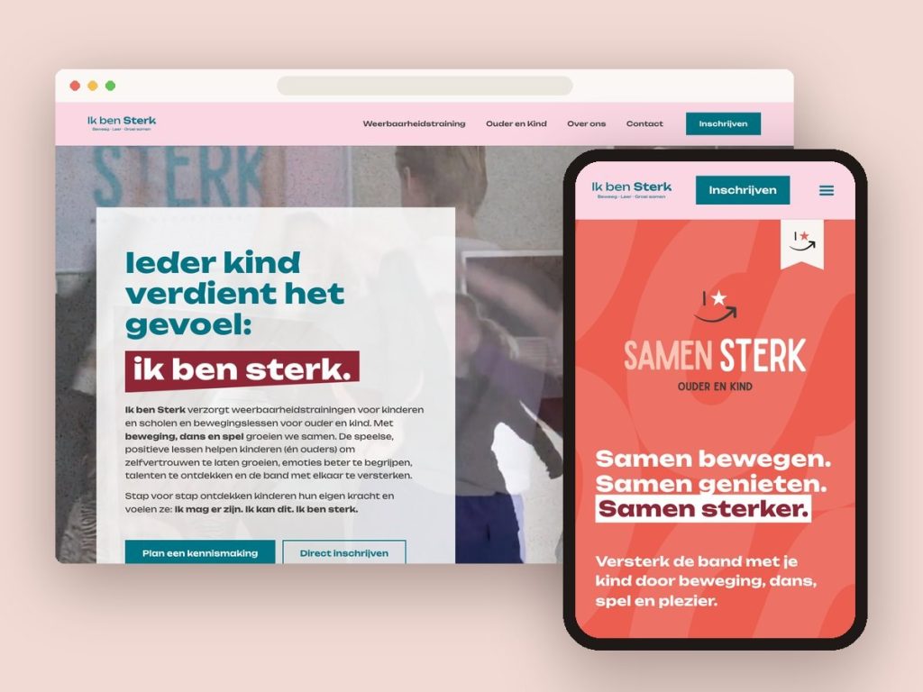 Website van Ik ben Sterk: de homepage op een groot scherm en de pagina Samen Sterk voor ouder en kind op de telefoon