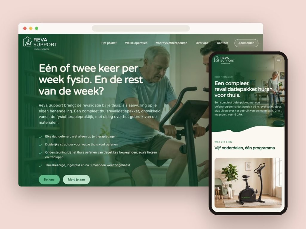 Website van Reva Support: de homepage op een groot scherm en de pakketpagina op de telefoon