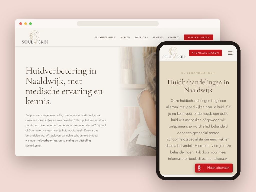 Website van Soul of Skin: de homepage op een groot scherm en de pagina met huidbehandelingen op de telefoon