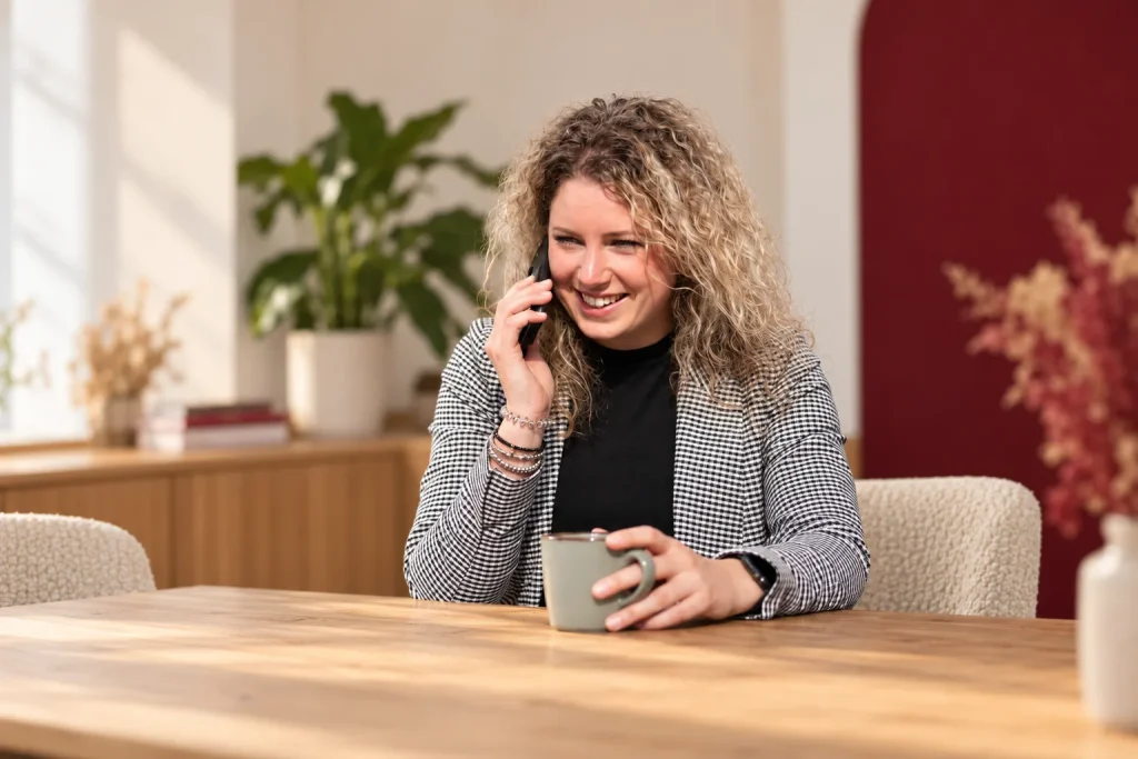 Chilla Verhagen aan de telefoon aan tafel, met een kop koffie in haar hand
