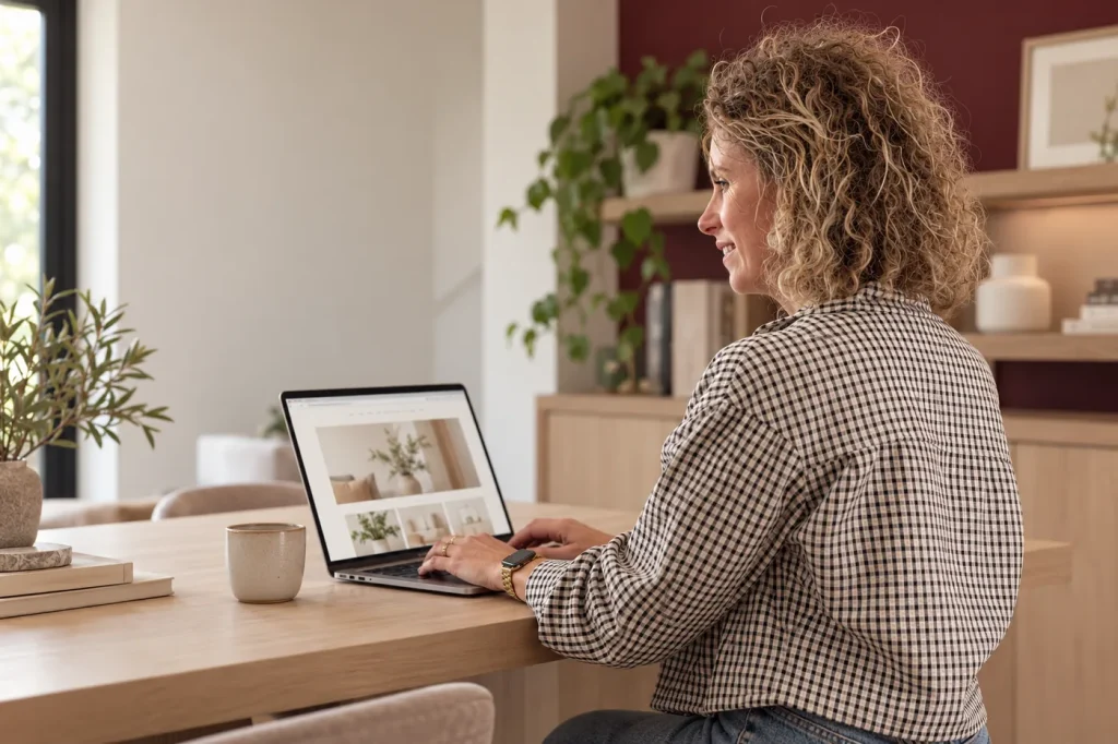 Chilla aan het werk achter haar laptop, van opzij gezien