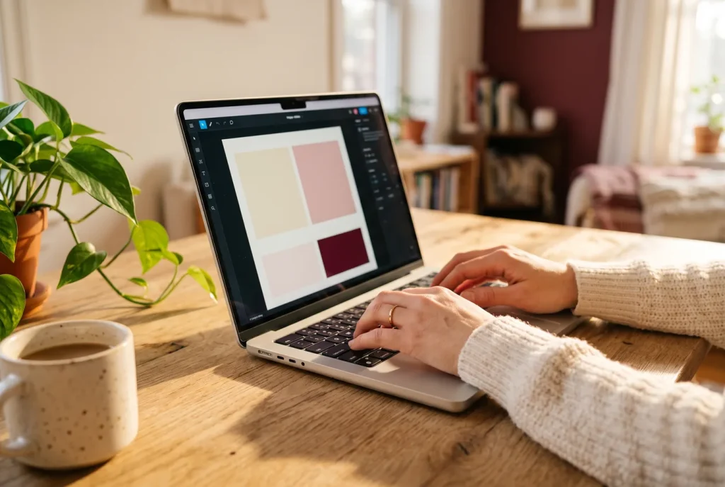 Handen typen op een laptop met een pagina-editor in wijnrood en poeder