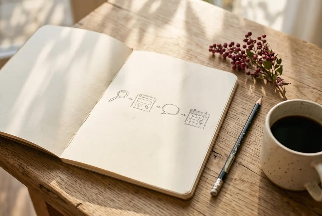Notitieboek met een geschetste route: zoeken, website, vraag, agenda