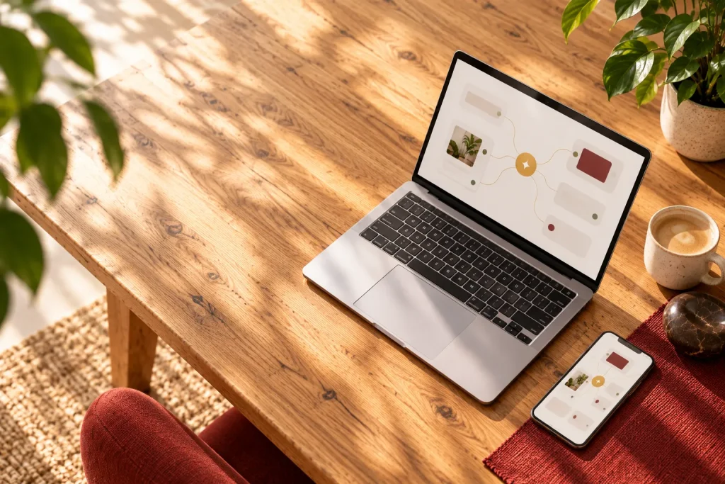 Laptop en telefoon op een houten tafel in de zon, met op het scherm een schema van gekoppelde onderdelen