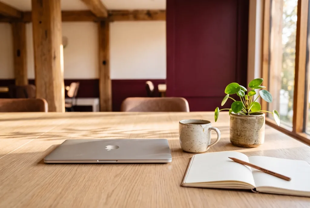 Werkplek met laptop, koffie en een plant