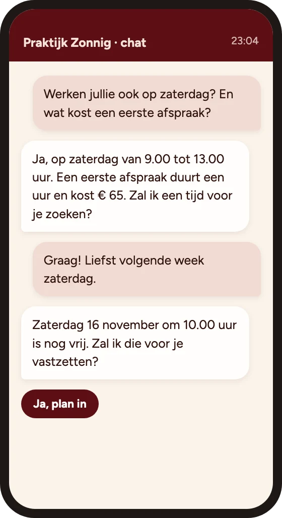 Telefoon met een chat waarin de assistent van een praktijk een afspraak voorstelt