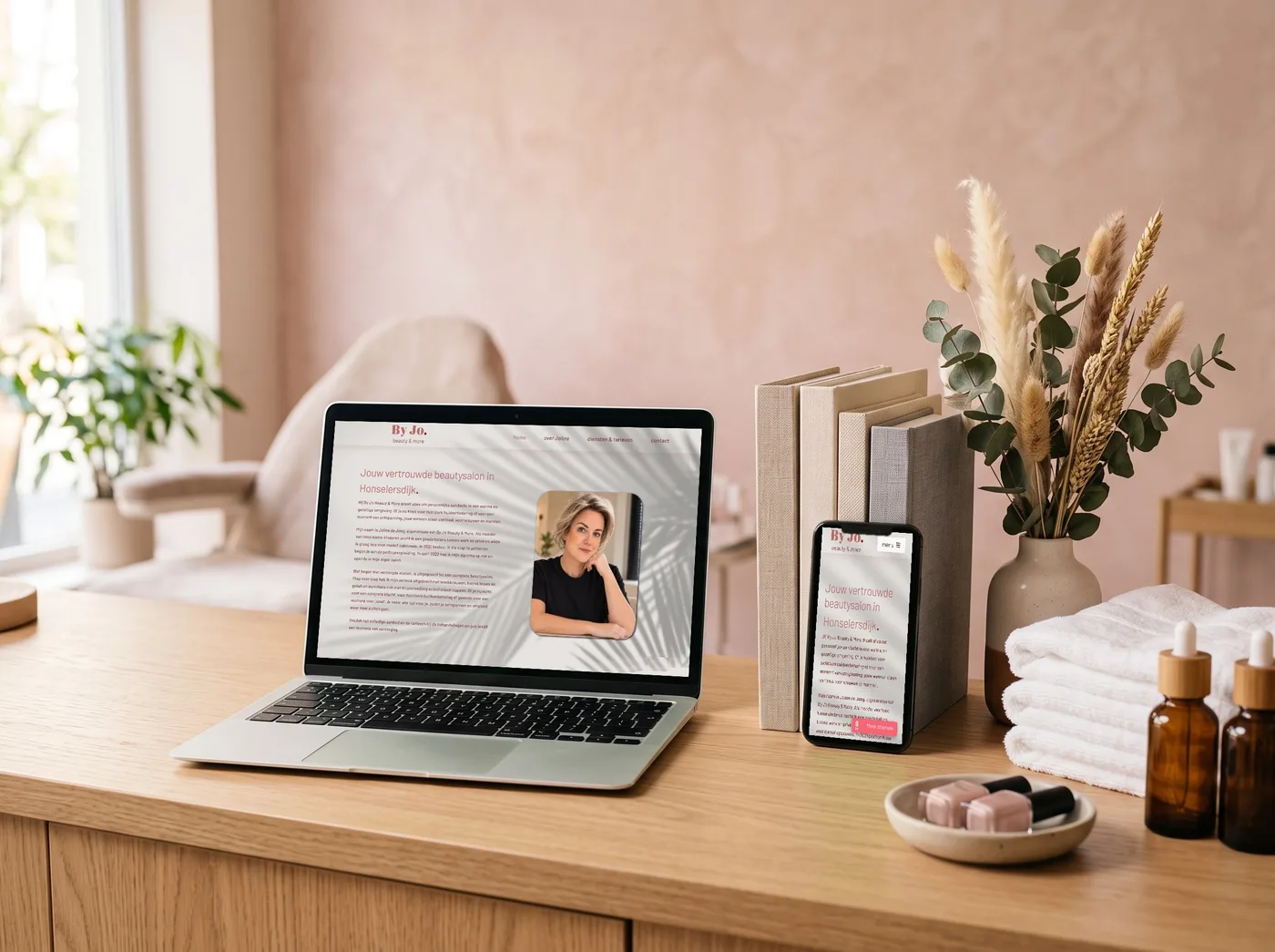 Laptop en telefoon met de website van By Jo Beauty & More op een toonbank in een beautysalon